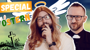 Ostern einfach erklärt?: Bild zeigt einen Mann mit langen Haaren, der aussieht wie Jesus und einen verwirrt schauenden Pfarrer.